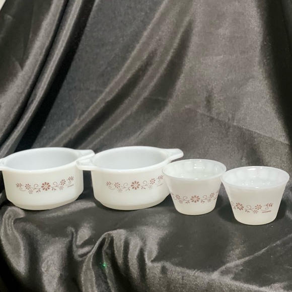 PYR-O-REY DYNAWARE Termocrisa Milk Glass Brown Daisy Ramekins (2) & Cups (2) - Picture 10 of 11